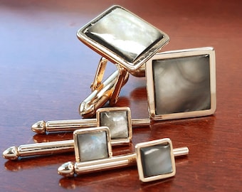 Vintage Gold Tuxedo Cufflink & Studs, 1960's Swank, Smoke Mother of Pearl Shell, Formal 5 Piece Tux Cuff Link Accessories, Groom Shirt Studs