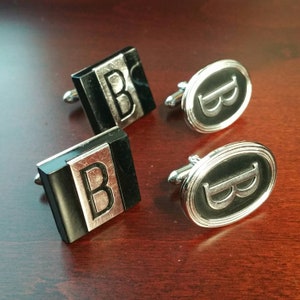 Vintage Initial &quot;B&quot; Cufflinks Set, 1950&#39;s 60&#39;s Swank, Silver Tone & Black Accents, Personalized Letter B Monogram Cuff Link Accessories Gift