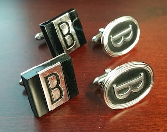 Set di gemelli vintage con iniziale &quot;B&quot;, stile anni &#39;50 e &#39;60, tono argento e accenti neri, accessori per gemelli monogramma lettera B personalizzati, regalo