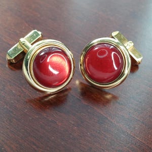 Vintage Cufflinks, 1940&#39;s Swank Red Moonglow Lucite Cabochon, Gold Tone, Something Red Formal Menswear Gift for Wedding Groom, Tux Accessory
