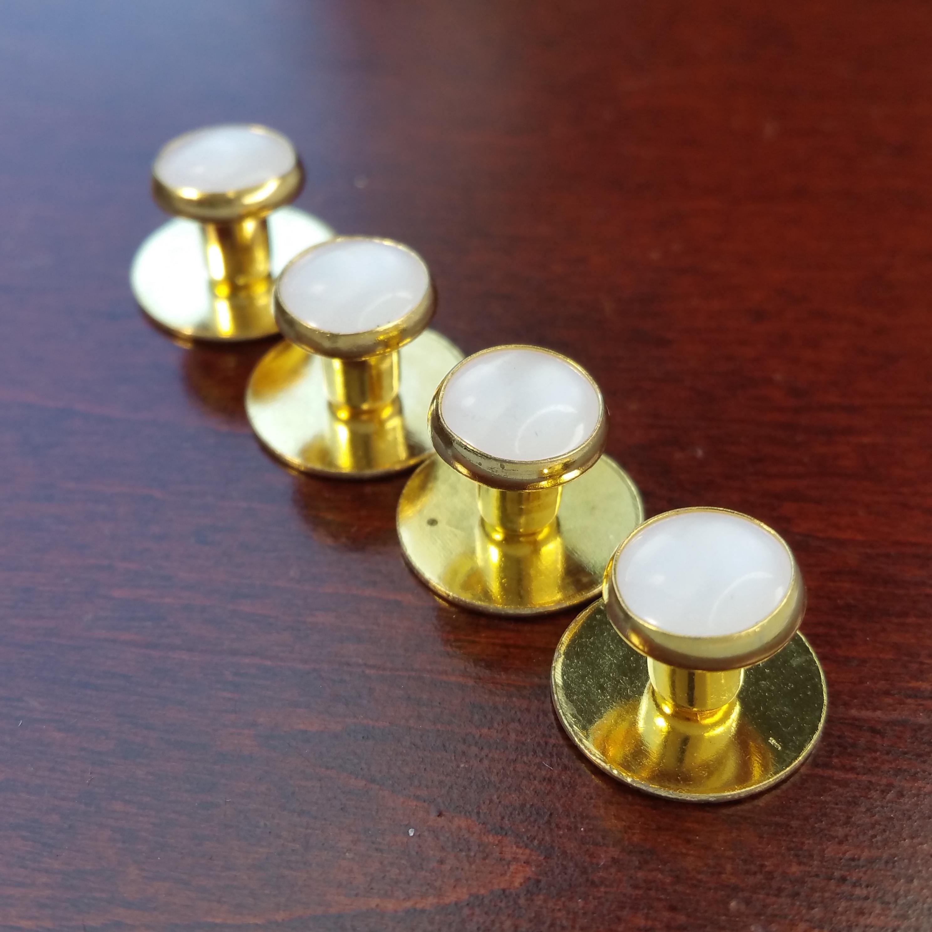 Vintage 4 Piece Tuxedo Shirt Studs, Gold Tone Metal & White Moonglow Tux Accessories, Formal Stud Buttons for Wedding Groom, Groomsman