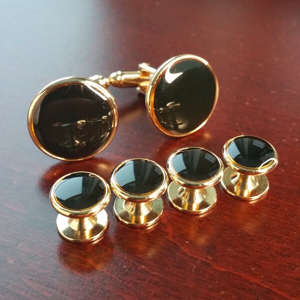 Vintage Tuxedo Cufflinks and Studs, 6 Piece Tuxedo Set, Formal Gold and Black Accent Tuxedo Accessory, Shirt Studs for Wedding, Black Tie