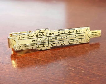 Slide Rule Tie Clip, Vintage Ruler Tie Bar, Scientific Novelty Accessory, Gold Tone Math Collectible Gift for Engineer, Architect