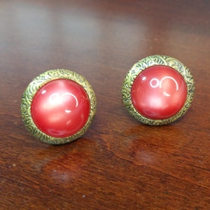 Vintage Cufflinks, 1950&#39;s Red Moonglow Lucite Cabochons on Brass, Floral Filigree, Something Red for Wedding Groom, Chunky Suit Accessories