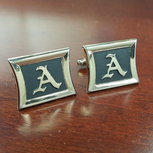 Vintage Cufflinks, 1960&#39;s Initial &quot;A&quot; Suit Accessories, Monogram A Letter Men&#39;s Jewelry, Gold Tone Black Enamel, Letter A Personalized Gift