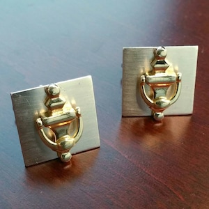 Vintage Cufflinks, Novelty Working Mini Door Knocker Suit Accessory, Brushed Metal & Goldtone, Gift for Real Estate Agent, Housewarming Gift