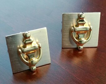 Vintage Cufflinks, Novelty Working Mini Door Knocker Suit Accessory, Brushed Metal & Goldtone, Gift for Real Estate Agent, Housewarming Gift