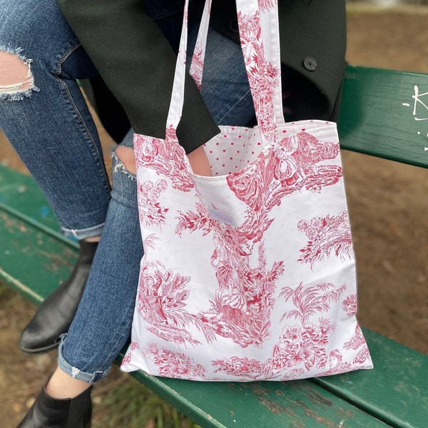 Tote bag, tissu toile de jouy bordeaux, sac cabas, sac de courses, Kloume