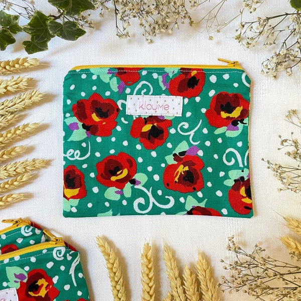 Petite pochette doublée, tissus coton, fleuris, vert, rouge, jaune, Kloume