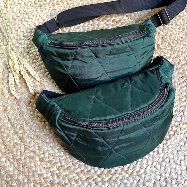 Sac banane, tissu matelassé vert sapin, doublure fleurie, Kloume