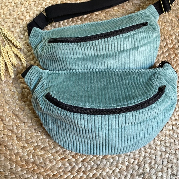 Sac banane, velours côtelé vert d'eau, bleu clair, Kloume