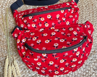 Banana bag in red cotton with flowers, Kloume