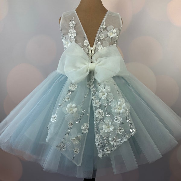 Flower girl dress, 3D dress, Birthday Dress, Baby Dress, Lace Dress, Tulle Dress, Wedding, SISSI BLUE dusty blue