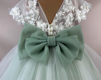 Sage Green Tulle Flower Girl Dress: 3D Floral Lace, Baptism Wedding
