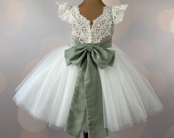 Flower girl dress, Sage dress, Birthday Dress, Baby Dress, Lace Dress, Tulle Dress, Wedding, MODEL IS004