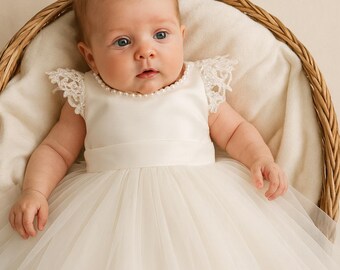 Lace Flower Girl Dress: Ivory Tulle Skirt, Detachable Sash