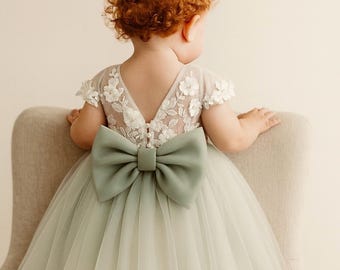 Sage Green Tulle Flower Girl Dress: 3D Floral Lace, Baptism Wedding