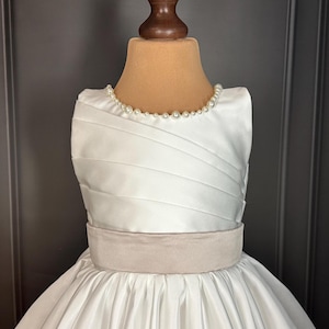 Ivory Satin Flower Girl Dress: Tulle Skirt, Pearl Detail