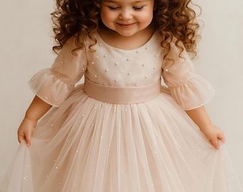 Vestido de niña de las flores color perla ruborizada: vestido de cumpleaños