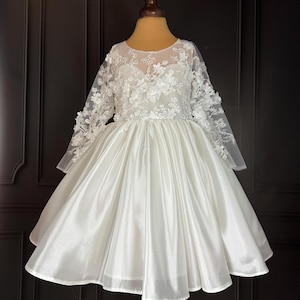 Ivory Lace Flower Girl Dress: Taffeta Skirt, Long Sleeves