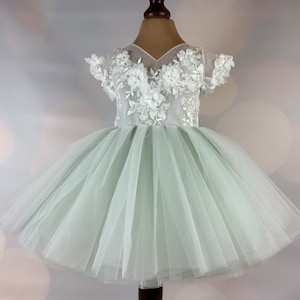 Flower girl dress, sage green, 3D dress, Sage dress, Birthday Dress, Baby Dress, Lace Dress, Tulle Dress, Wedding, MODEL IS101 image 2