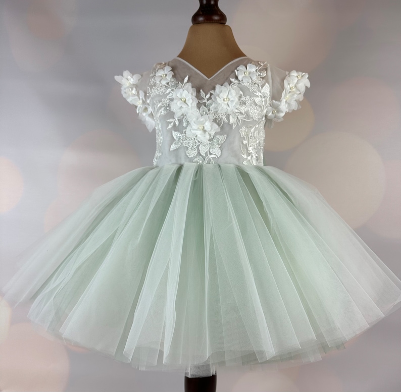 Flower girl dress, sage green, 3D dress, Sage dress, Birthday Dress, Baby Dress, Lace Dress, Tulle Dress, Wedding, MODEL IS101 image 2