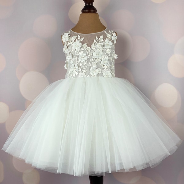 Blumenmädchen Kleid, 3D Kleid, Geburtstagskleid, Babykleid, Spitzenkleid, Tüllkleid, Hochzeit, MODELL I033