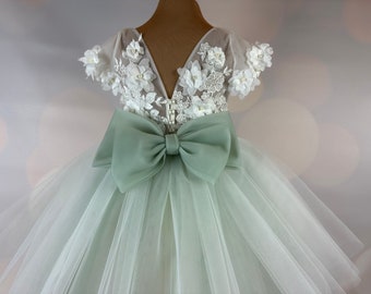 Robe de demoiselle d'honneur, vert sauge, robe 3D, robe sauge, robe d'anniversaire, robe de bébé, robe en dentelle, robe en tulle, mariage, modèle IS101