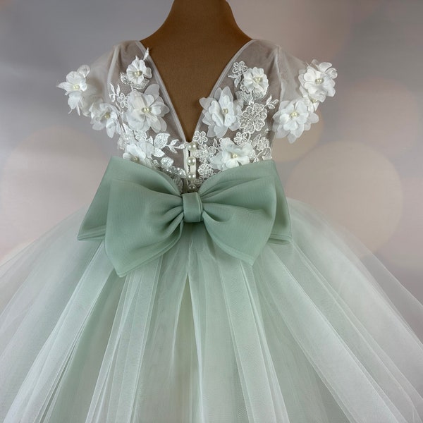 Abito da ragazza di fiori, verde salvia, abito 3D, abito salvia, abito di compleanno, abito per bambini, abito in pizzo, abito in tulle, matrimonio, MODELLO IS101