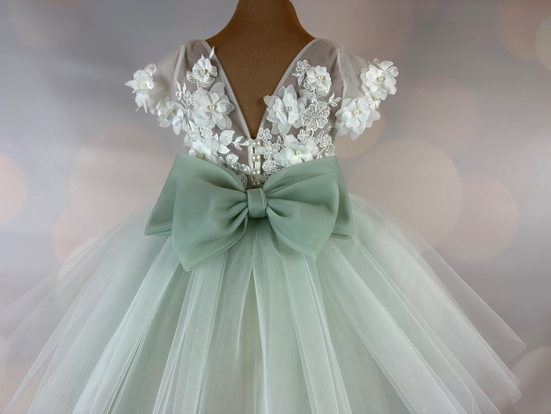 Flower girl dress, sage green, 3D dress, Sage dress, Birthday Dress, Baby Dress, Lace Dress, Tulle Dress, Wedding, MODEL IS101 image 1