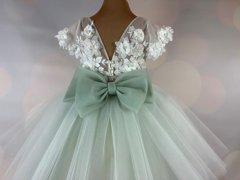 Robe de demoiselle d'honneur, vert sauge, robe 3D, robe sauge, robe d'anniversaire, robe de bébé, robe en dentelle, robe en tulle, mariage, modèle IS101 image 1