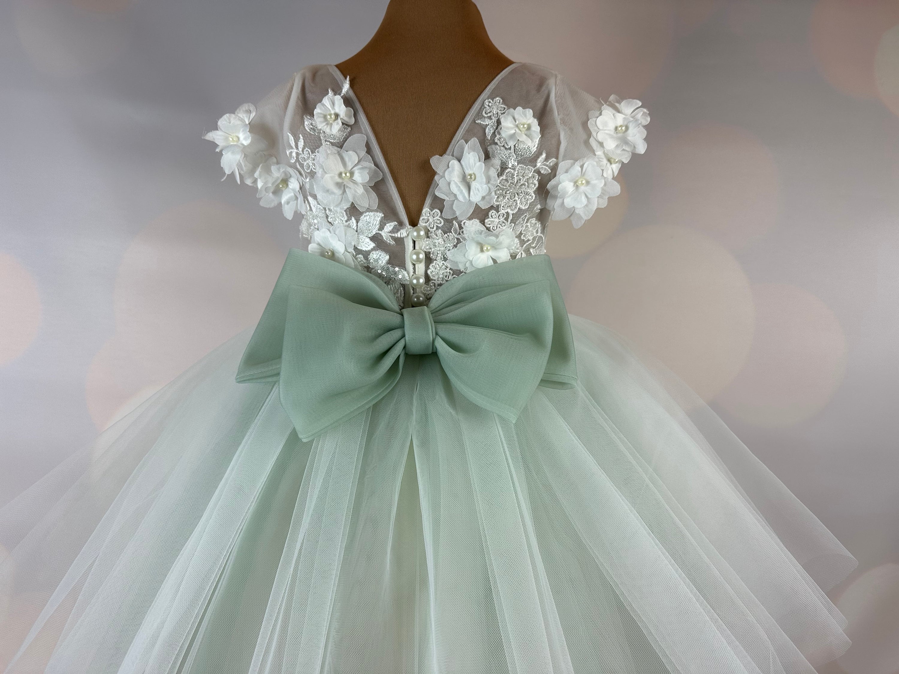White and sage green flower cheap girl dresses