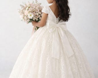Lace Communion Dress: Cap sleeves, Ivory  flower girl dress