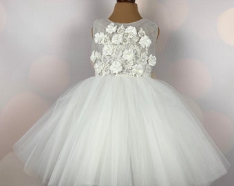 Robe de fille de fleur, robe 3D, robe d’anniversaire, robe de bébé, robe de dentelle, robe de tulle, mariage, modèle ICH051