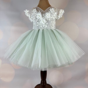 Flower girl dress, sage green, 3D dress, Sage dress, Birthday Dress, Baby Dress, Lace Dress, Tulle Dress, Wedding, MODEL IS101 image 7