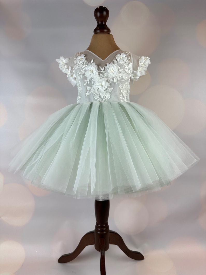 Flower girl dress, sage green, 3D dress, Sage dress, Birthday Dress, Baby Dress, Lace Dress, Tulle Dress, Wedding, MODEL IS101 image 7