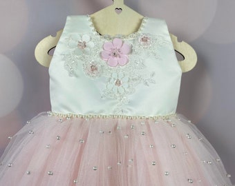 Flower girl dress, Birthday Dress, Baby Dress, Lace Dress, Blush Dress, 3D Dress, Baby Pink, Pearls,  Tulle Dress, Wedding, MODEL IP054