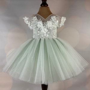 Flower girl dress, sage green, 3D dress, Sage dress, Birthday Dress, Baby Dress, Lace Dress, Tulle Dress, Wedding, MODEL IS101 image 8