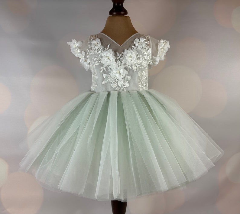 Flower girl dress, sage green, 3D dress, Sage dress, Birthday Dress, Baby Dress, Lace Dress, Tulle Dress, Wedding, MODEL IS101 image 8