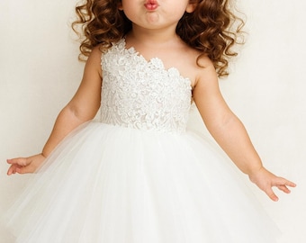 One Shoulder Lace Flower Girl Dress: Tulle Birthday Dress