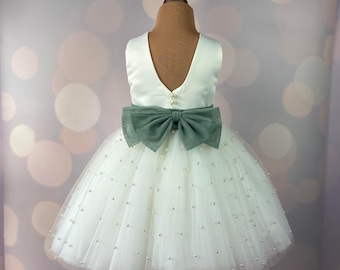Flower girl dress, Birthday Dress, Baby Dress, Lace Dress, Tulle Dress, Wedding, sage green MODEL IS001