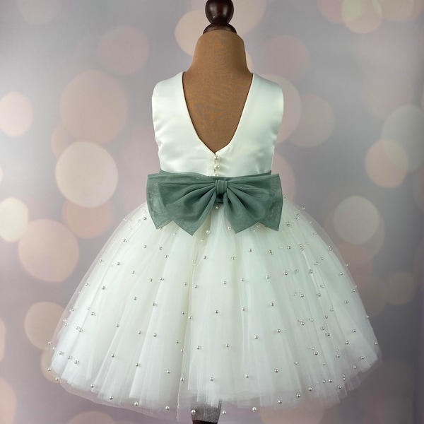 Flower girl dress, Birthday Dress, Baby Dress, Lace Dress, Tulle Dress, Wedding, sage green MODEL IS001