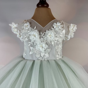 Flower girl dress, sage green, 3D dress, Sage dress, Birthday Dress, Baby Dress, Lace Dress, Tulle Dress, Wedding, MODEL IS101 image 3