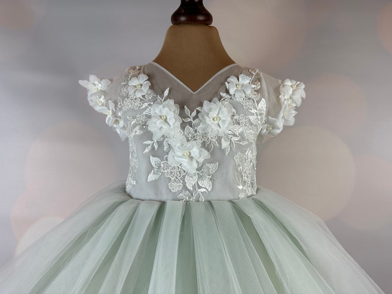 Flower girl dress, sage green, 3D dress, Sage dress, Birthday Dress, Baby Dress, Lace Dress, Tulle Dress, Wedding, MODEL IS101 image 3