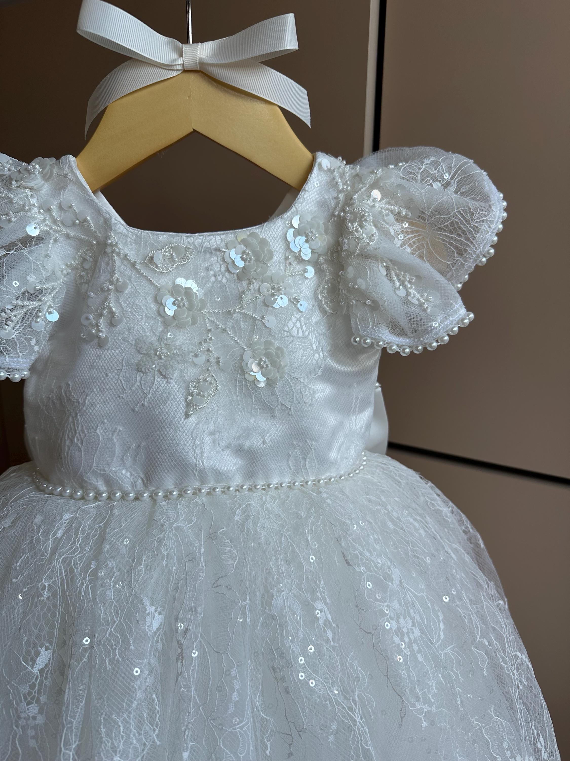 Pailletten Spitze Taufkleid: Elfenbein Blumenmädchen, Erstkommunion
