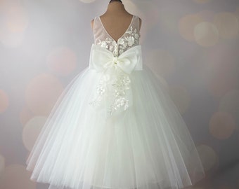 Ivory Lace Flower Girl Dress: Tulle Skirt, 3D Flowers