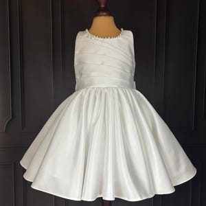 Satin Flower Girl Dress: Ivory Tulle, Pearls, Knee Length
