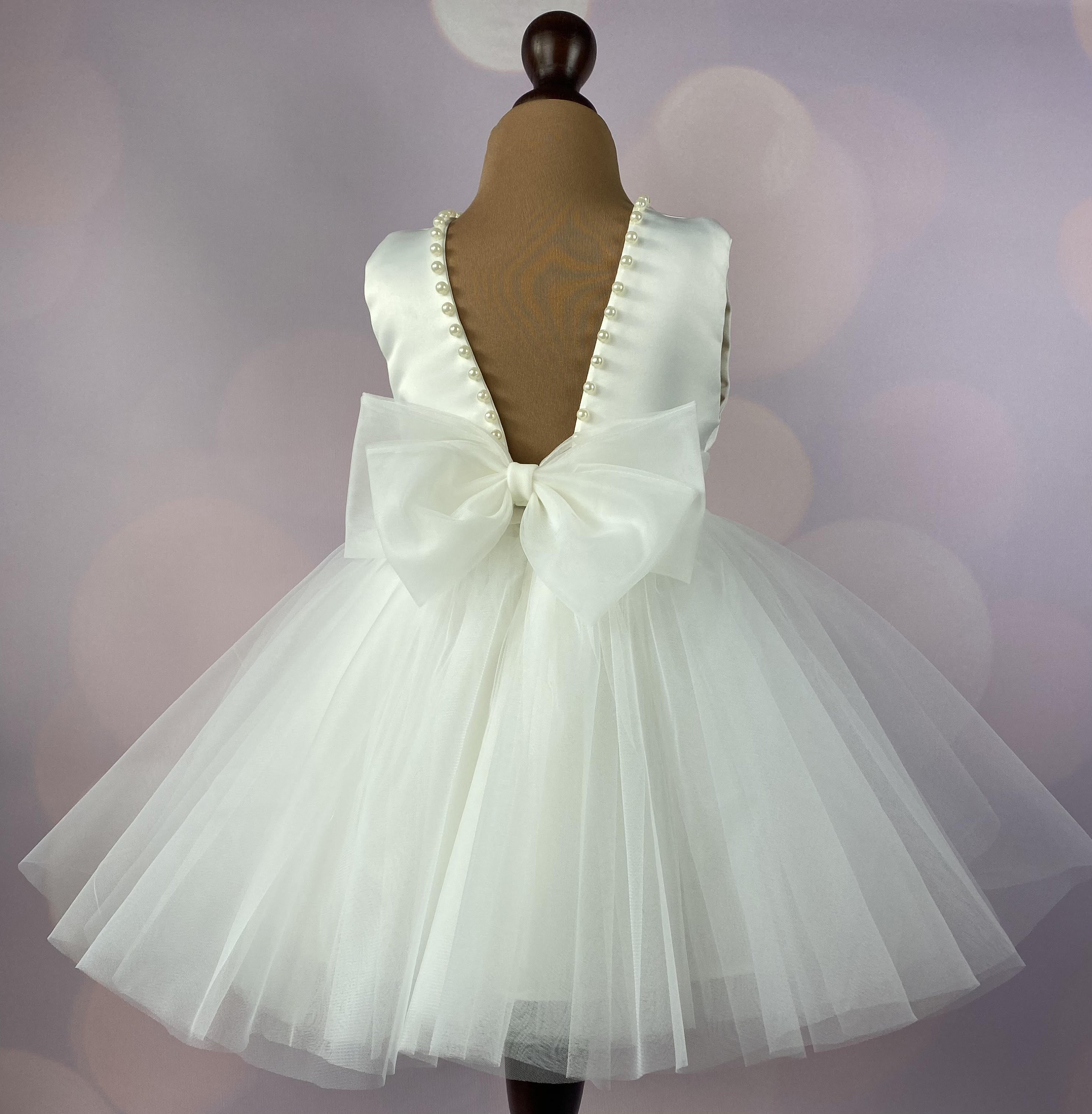 Lace Flower Girl Dress: Tulle Skirt, Open Back, Pearls