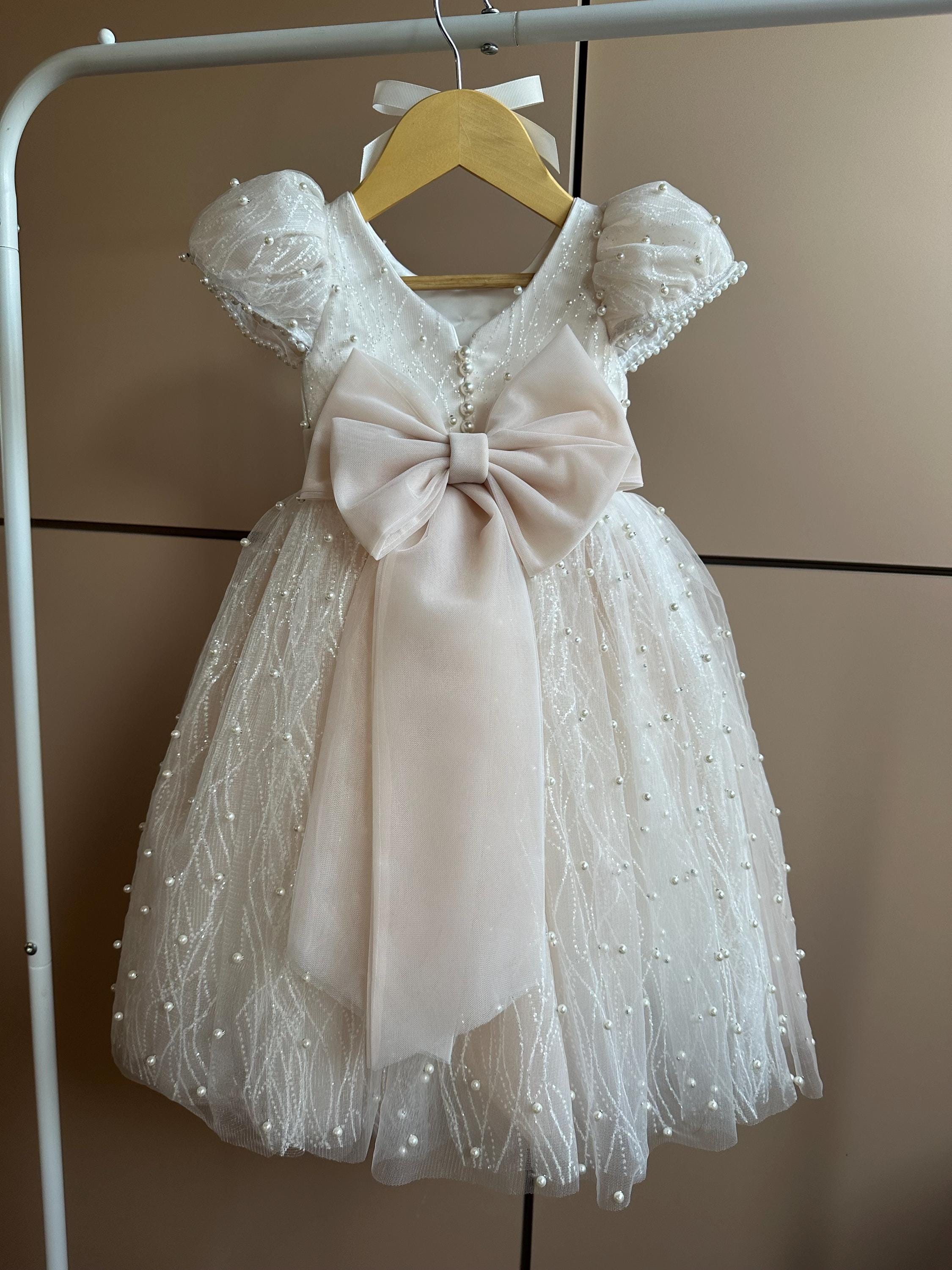 Champagner Perlen Brokat Taufkleid: Spitze Blumenmädchen Kleid