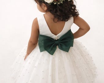 Ivory Tulle Flower Girl Dress: Hunter Sash, Pearl Details